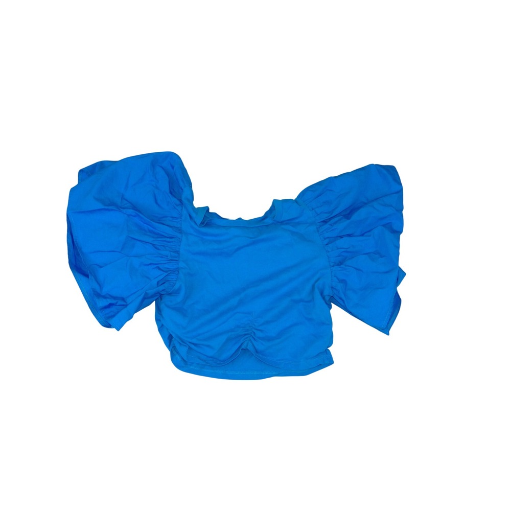 Zara Womens Blue Puff Sleeve Ruched Back Crop Top Small 4156